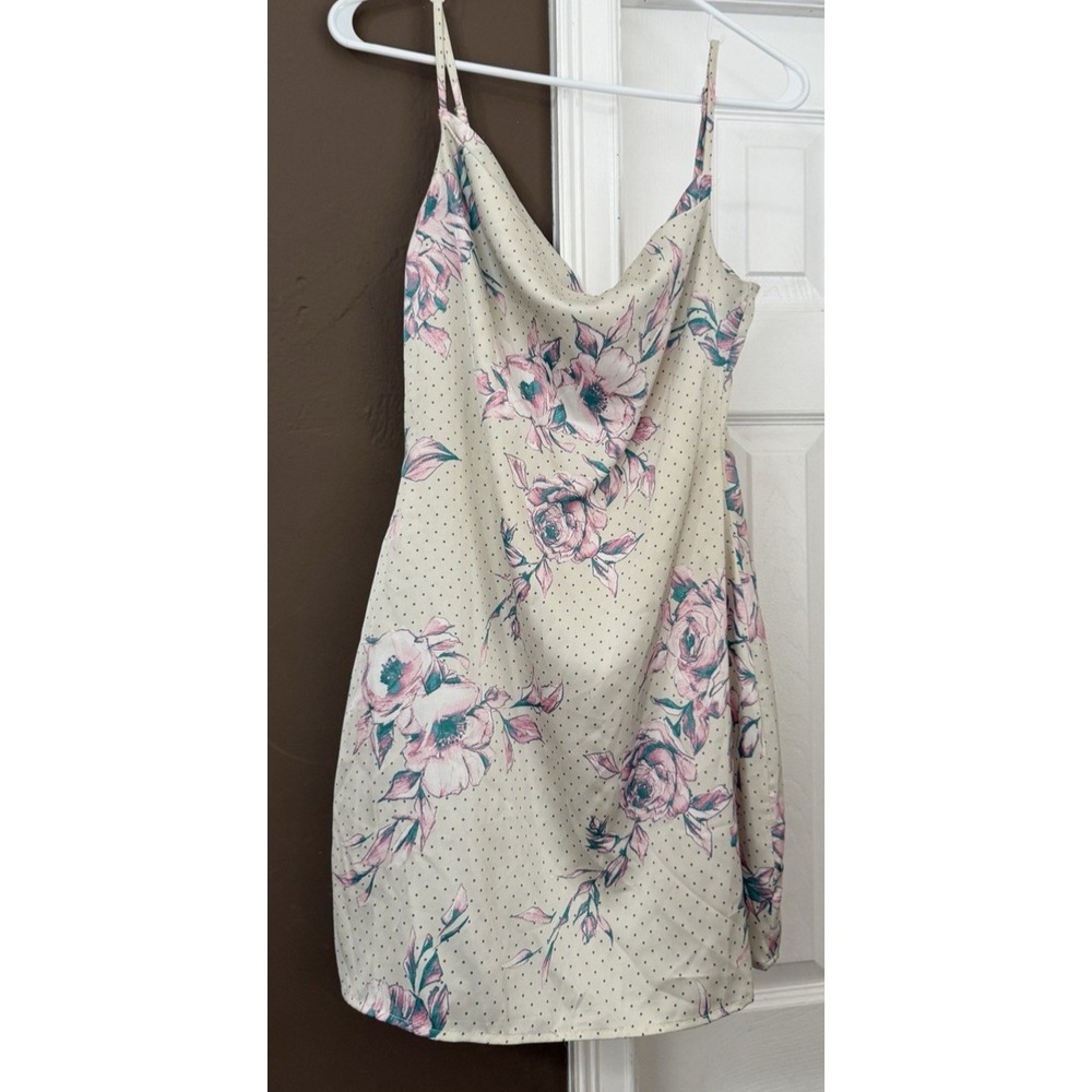 Lulus Beige Floral Cowl Neck Slip Mini Dress Adjustable Straps Zip Women's S